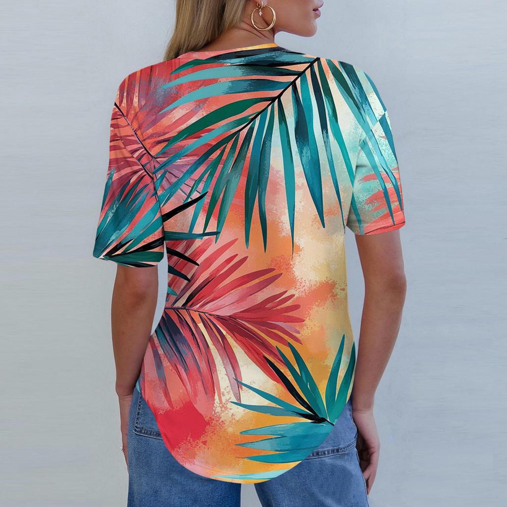 Dámské topy s krátkým rukávem, letní trička, květinový potisk, výstřih do V, ležérní základní trička s knoflíky, tuniky