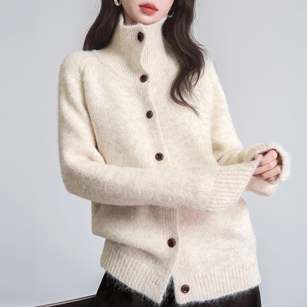 DIMANAF 2025 Sweaters Buttons Turtleneck Solid Beige Cardigan Autumn Women Knitting Loose