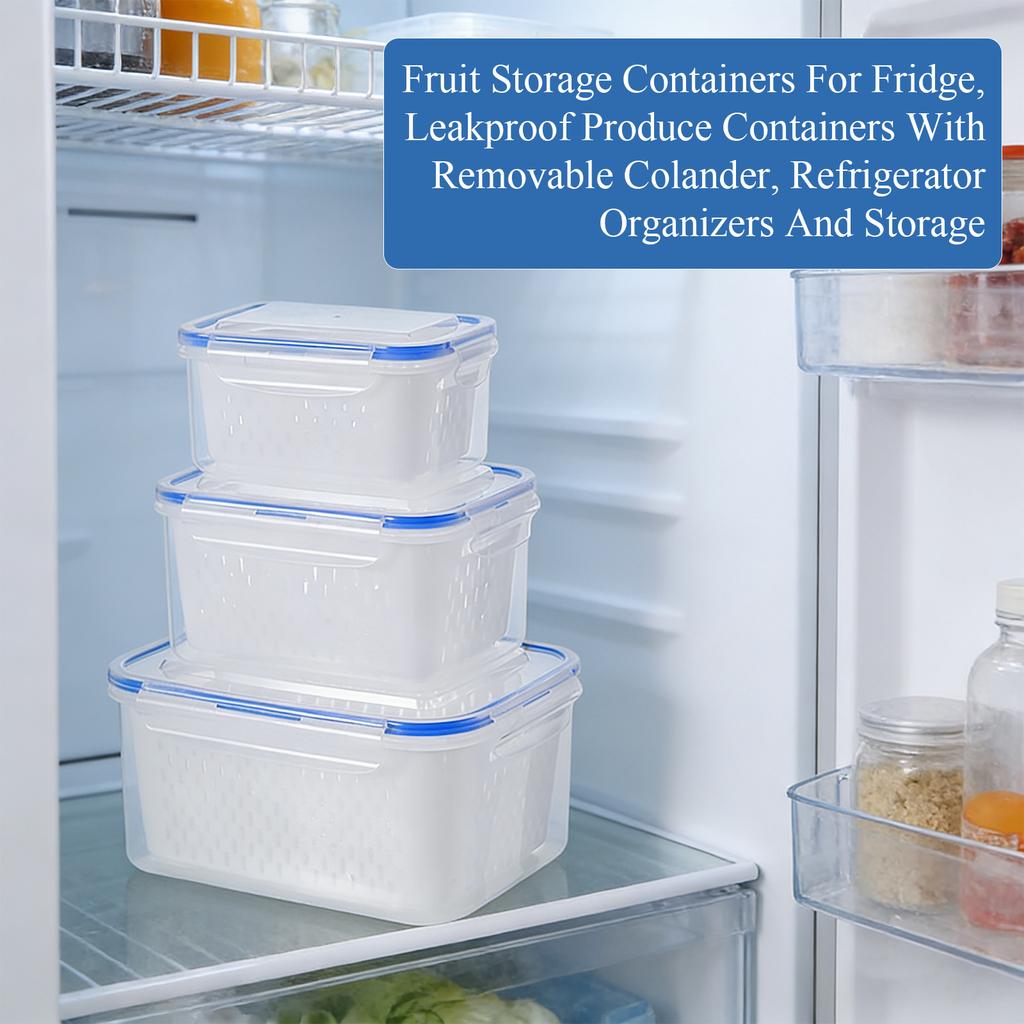 Fruit Storage Containers For Fridge, Leakproof Produce Containers With Removable Colander, Refrigerator Organizers And Storage