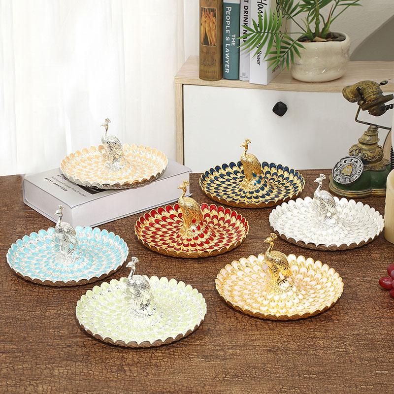 Luxury Golden Peacock Fruit Tray, Palace Banquet Dining Table Snack Cake Food Storage Salver, Holiday Wedding Decoration Props