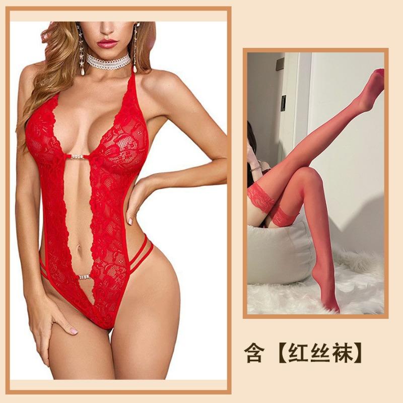 Reines Verlangen sexy Spitze Träger Hals Ausgeschnitten Leidenschaft Unterwäsche Durchsichtig Stimmung Einteiler Damen Pyjama