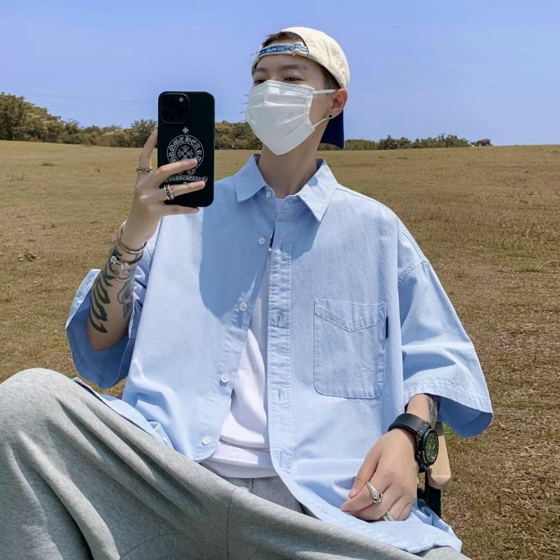 Men's Short Sleeve Button Shirt Men's Loose Casual Short-Sleeve Collared Shirt Pocket Loose-Fit Top