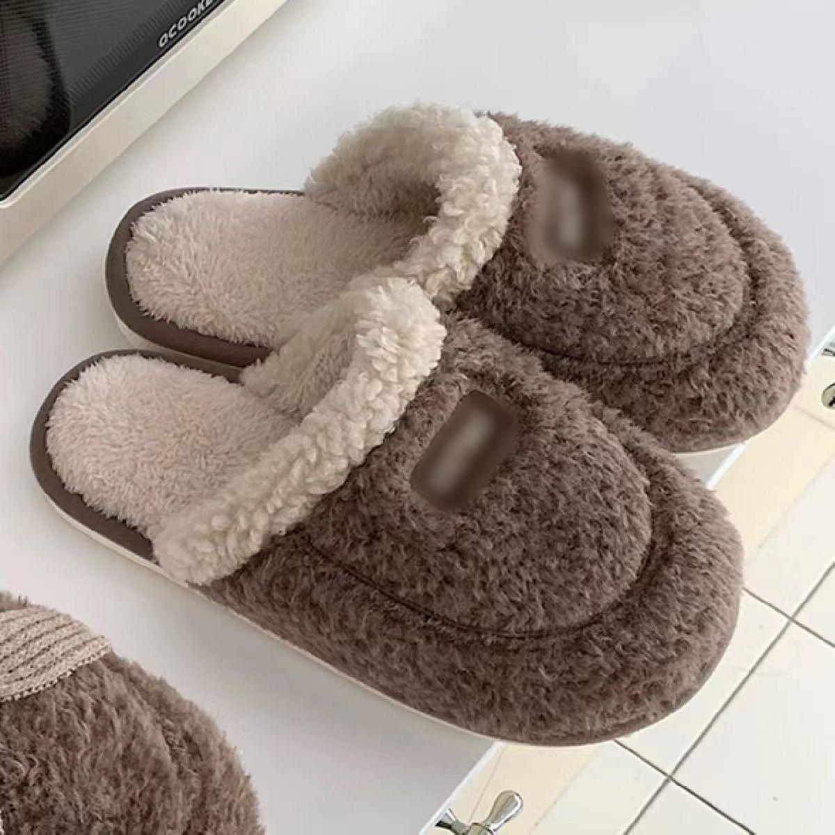 

Winter new fluffy cotton slippers women s thick-soled household couples thickened warm non-slip soft-soled cotton shoes 44-45