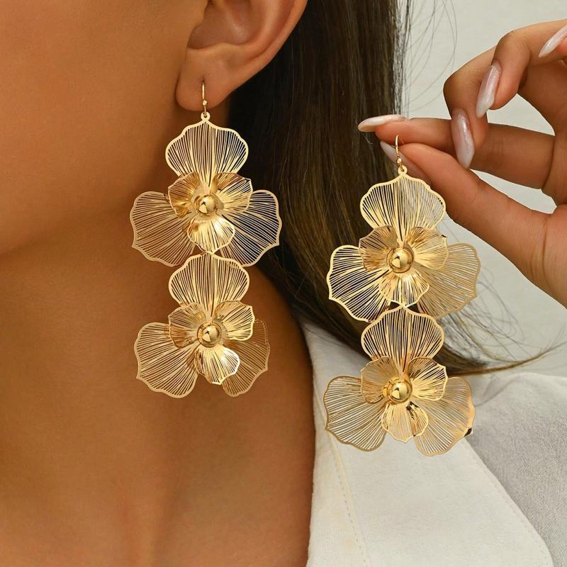 1 paio di Orecchini Pendenti Floreali alla Moda a Doppio Strato con Design Esagerato, Orecchini Floreali Lunghi da Donna, Adatti per l'Uso Quotidiano