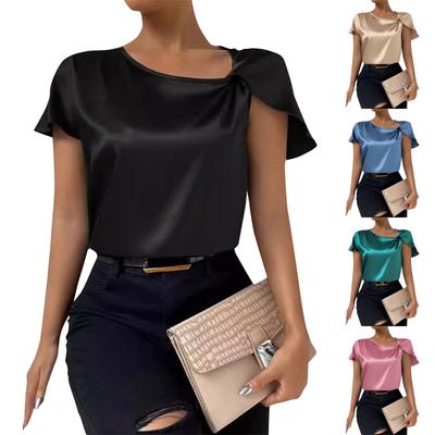 Dames Casual Elegante Satijnen Geplooide Effen Kleur Losse Peplum Top Dames Detail Asymmetrische Kraag Shirt