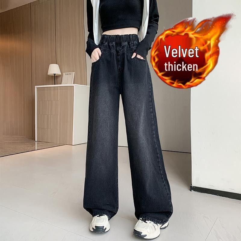 Velvet Elastic Waist Lambswool Jeans: Loose Winter High Waist, Stretch, Plus Size, Thickened Straight-Leg Pants (75-200)
