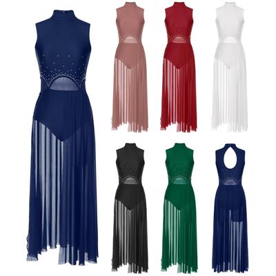 Kvinner Moderne Lyrisk Dansekjole Ballett Gymnastikk Trikot Ermeløs Rhinestone Mesh Kjoler Sceneforestilling Danseklær