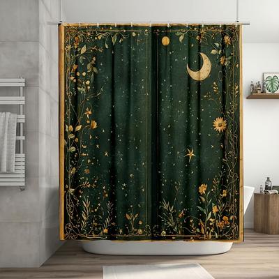 1Pc Celestial Magical Elements Moons & Stars Shower Curtain - 70.8X70.8 Inch Durable Polyester Fiber, Machine Washable, Dark Gre