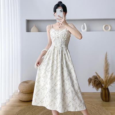 Moda feminina de verão sem mangas vestido floral renda vestido longo vestido suspensório