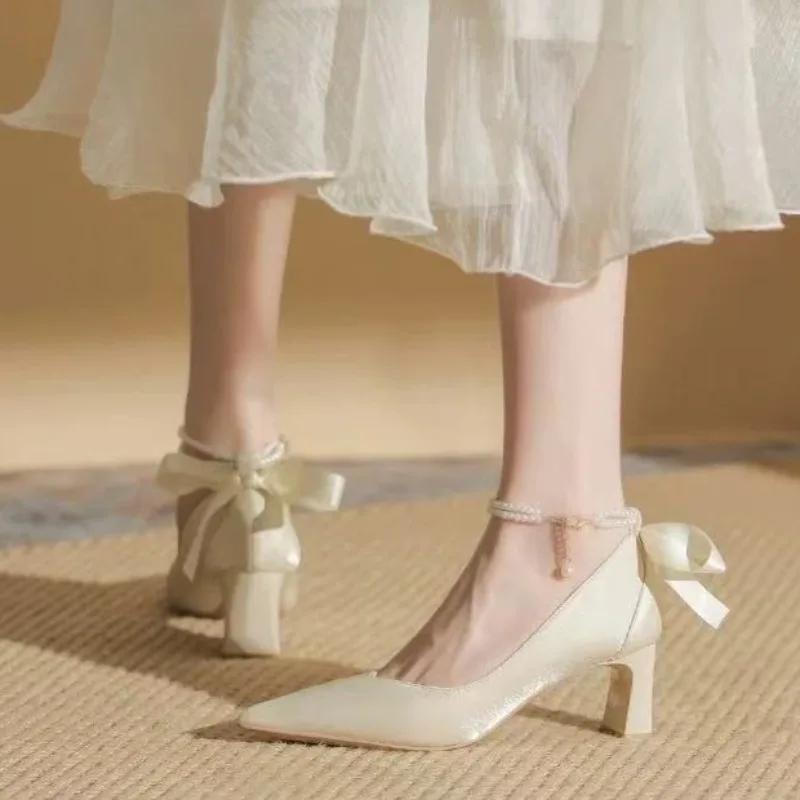 Fashion Square Heel Single Shoes Summer New Pointed Toe Shallow Mouth Beaded Bow Non-Slip Wear-Resistant High Heels