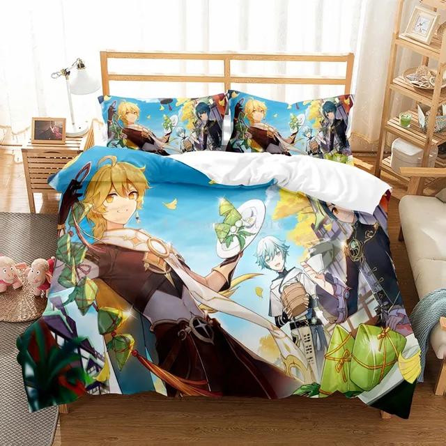 Genshin Impact Bedding Set For Kids Teens Boys Girls Game Duvet Cover With Pillowcase Microfiber Bedclothes Cartoon Bed Linen