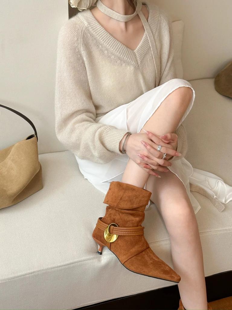Fashion New European and American Suede Pleated Slip-on Metal Buckle Two-way Fashion Women's Mid-calf Boots