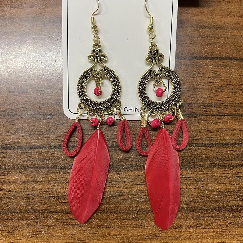 Hot selling ethnic style retro feather earrings, long multi colored vacation feather earrings, bead string design, circular earrings