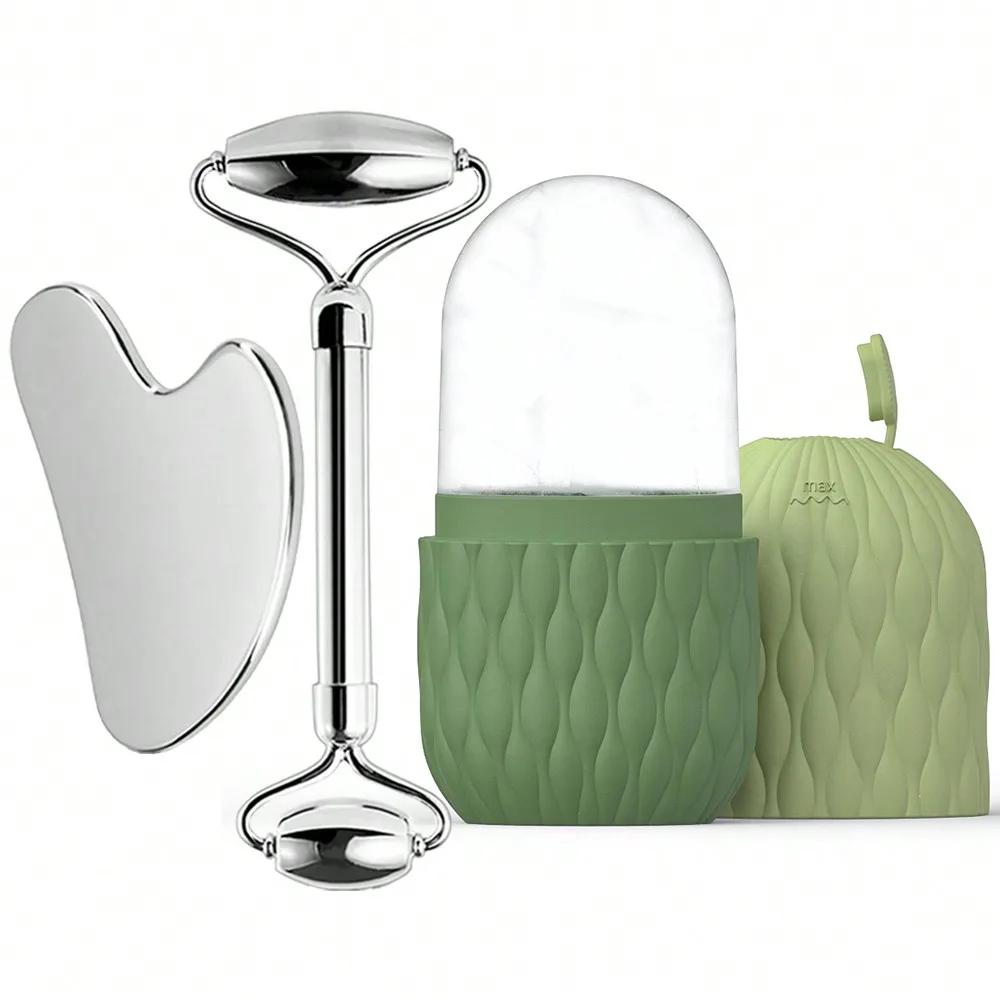 Ice Face Roller & Stainless Steel Gua Sha Tool Set, Facial Massager Ice Roller Skin Care Tool Beauty Set Lifting Contouring Tool