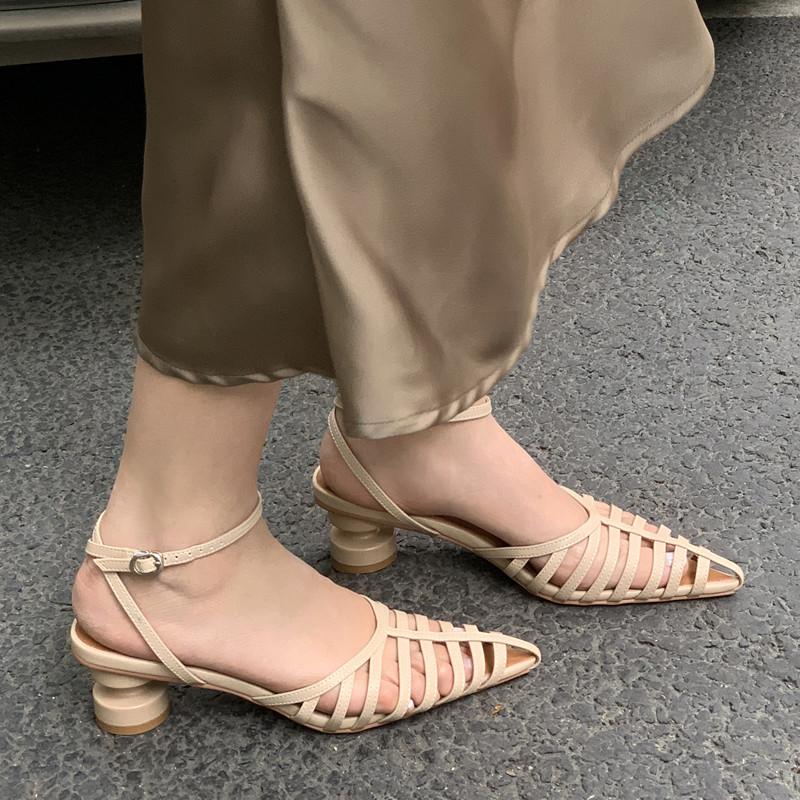 2024 New Sandals Size 34-40 New Arrive Retro Square High Heels Shoes Buckle Genuine Leather Women Sandals Ladies Dress Shoes