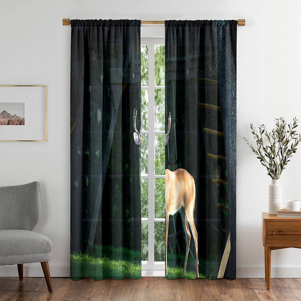 Natural Deer Animal Plant Vibrant Green Window Panel Drapes in Children Bedroom Living Room Hall Treatments Kitchen Decor Drapes Blinds