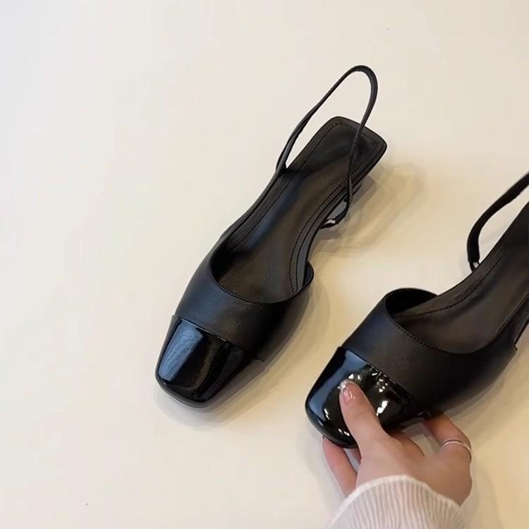 Soft Leather Edition~ French Black Low Heel Commuter Sandals Women's Fashion Casual Square Head Back Empty Leather Splicing Baotou Shoes