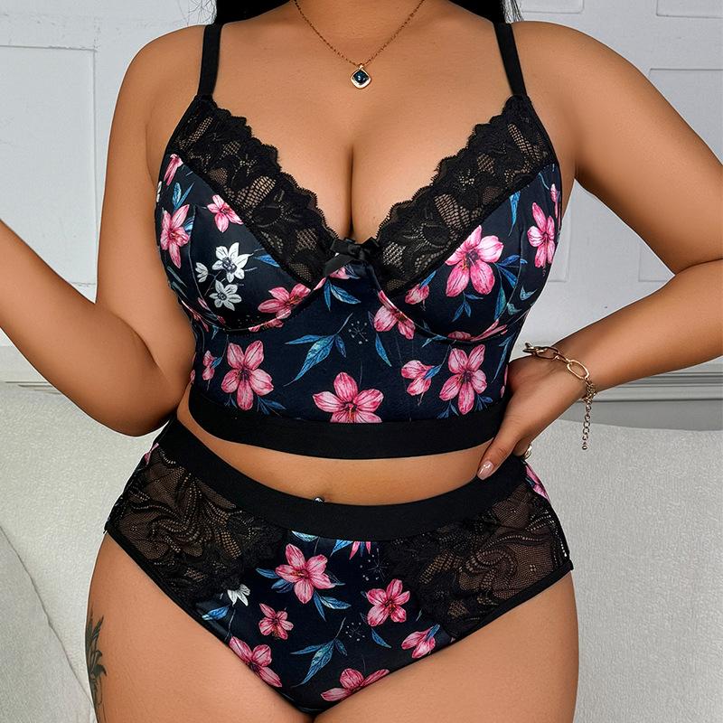 Sexy Plus Size Women's Lace Floral Print Lingerie Set Suspender Bra and Panty Two-Piece Set