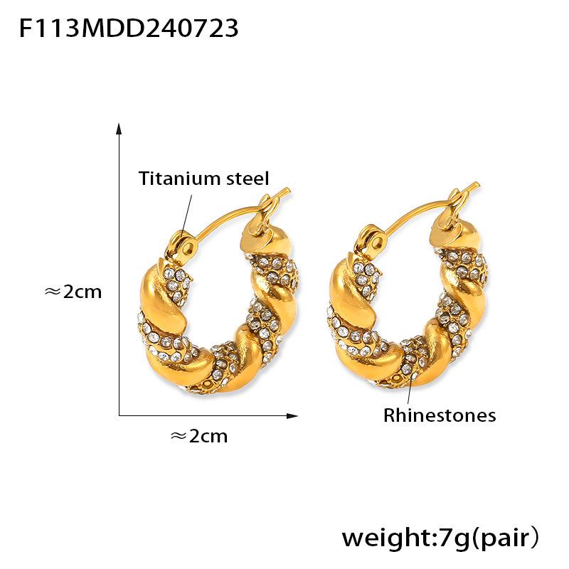 Wind New Inlaid White, Green and Black Diamonds Twisted Shape Earrings Temperament Personalized Design Titanium Steel Plated 18k Real Gold Women