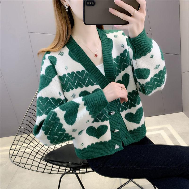 Autumn New Love Jacquard Collar Short Knitted Women's Cardigan with Sweater Women's Coat