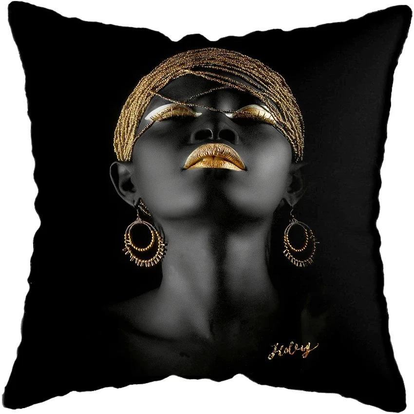 Modern Living Room Black Gold African Lady Woman Style Look Art Deco Sofa Pillowcase Cushion Cover