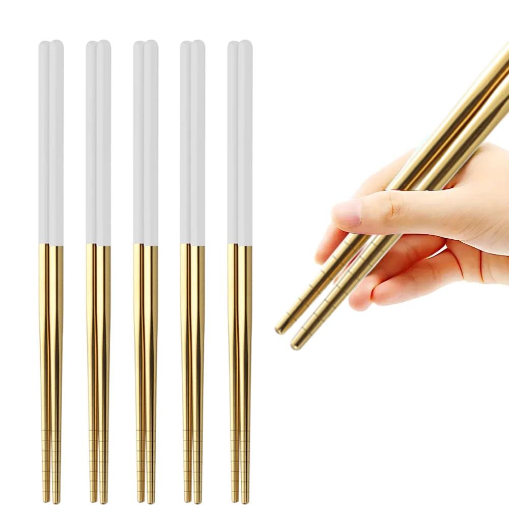 5Pairs Metal Stick Chopsticks Stainless Steel White Gold Non-slip Sushi Korean Japanese Chopstick Reusable Kitchen Tableware