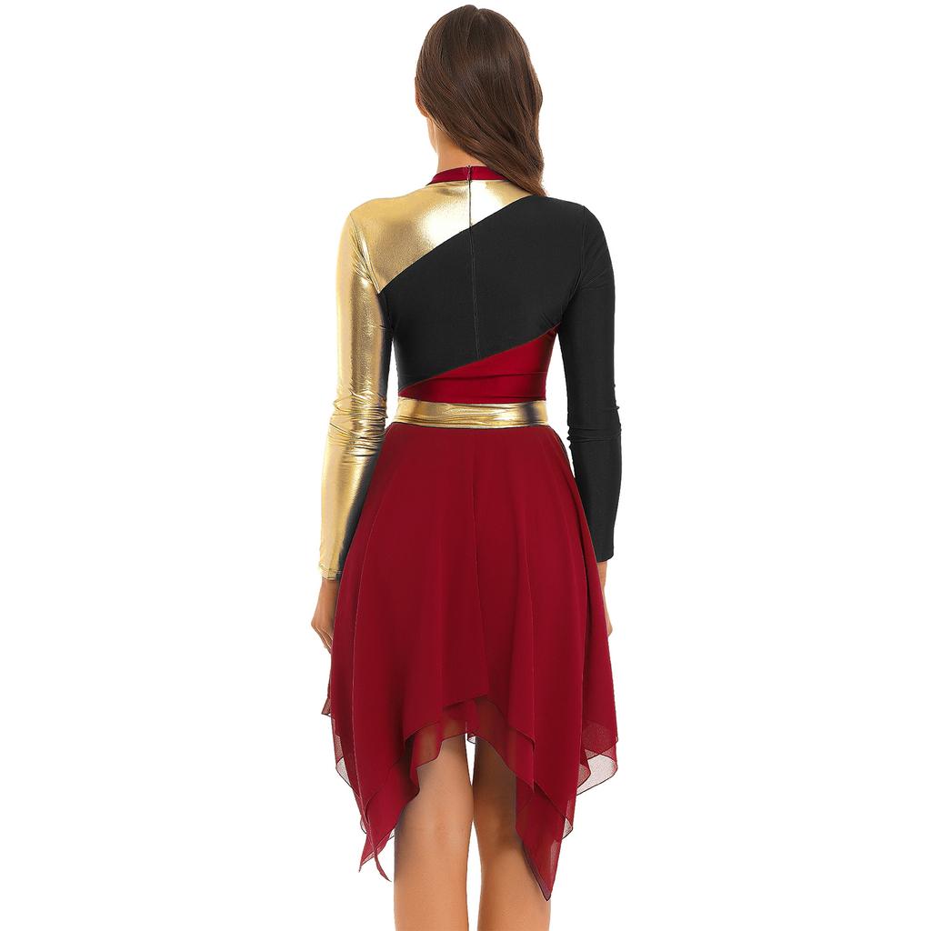 Womens Color Block Patchwork Leotard Dress Long Sleeve Irregular Hem Design Lyrical Dance Costume