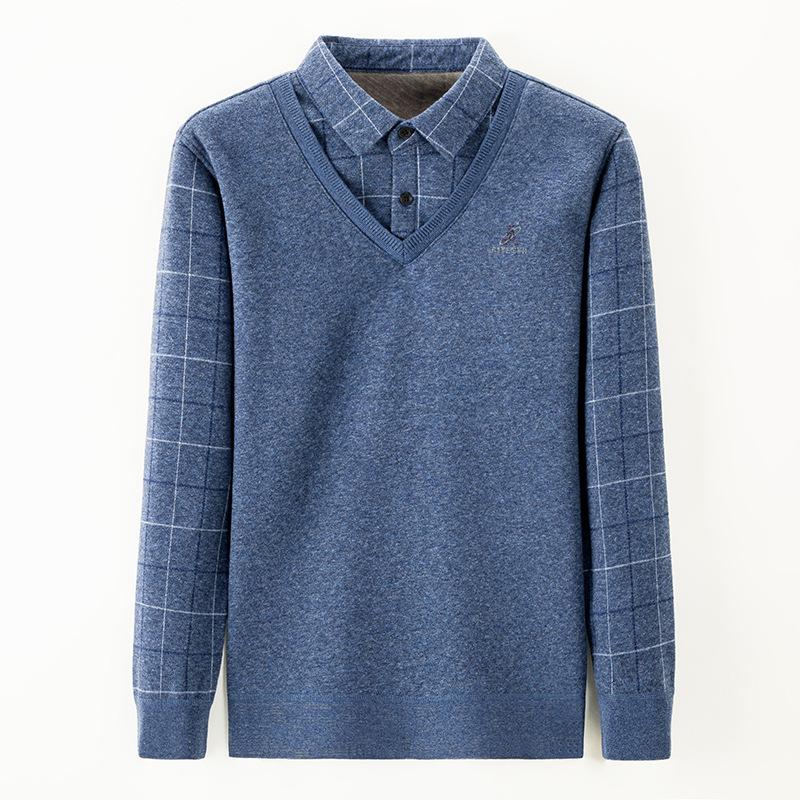 Свитер мужской плюс флис толстый отворот поддельные два новых зимних свитера клетчатый — фото 4