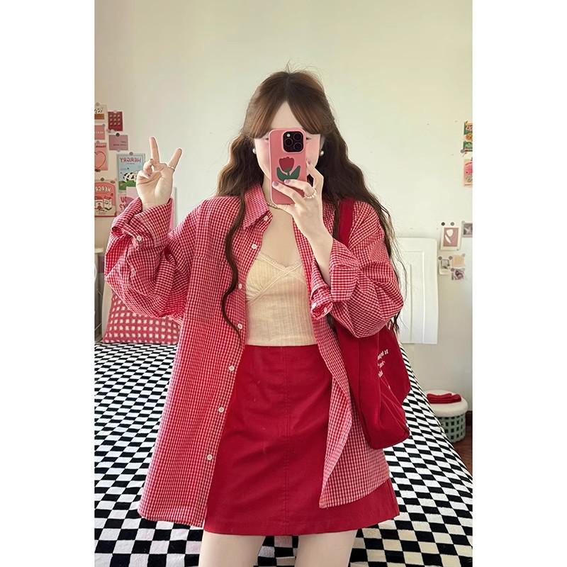 Red Women's Long Sleeve Plaid Cardigan – Spring 2025 Sun Protection Shirt & Coat