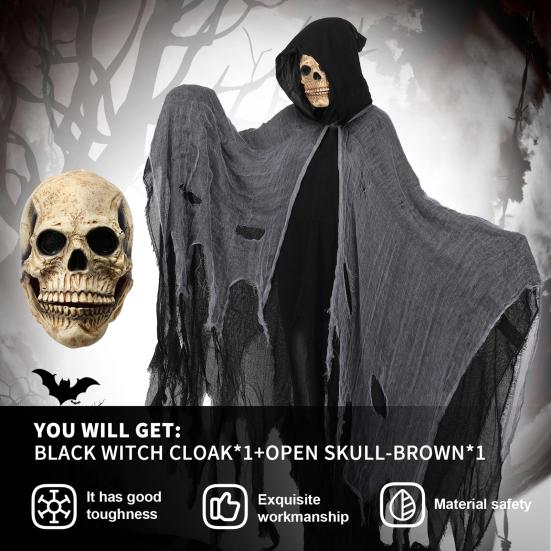 Halloween Grim Reaper Costume Black Hooded Cloak with Skull Masque Vintage Medieval Cape for Adult Cosplay Props