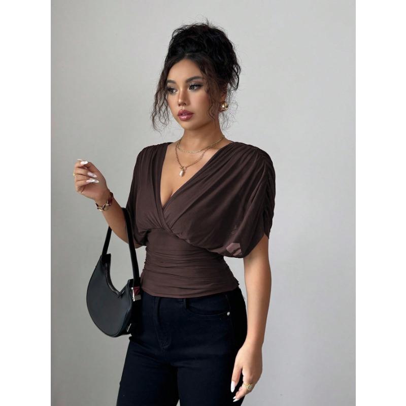 Women Solid Deep V Neck Short Sleeve Cinched Waist Sexy Casual Fitted Top