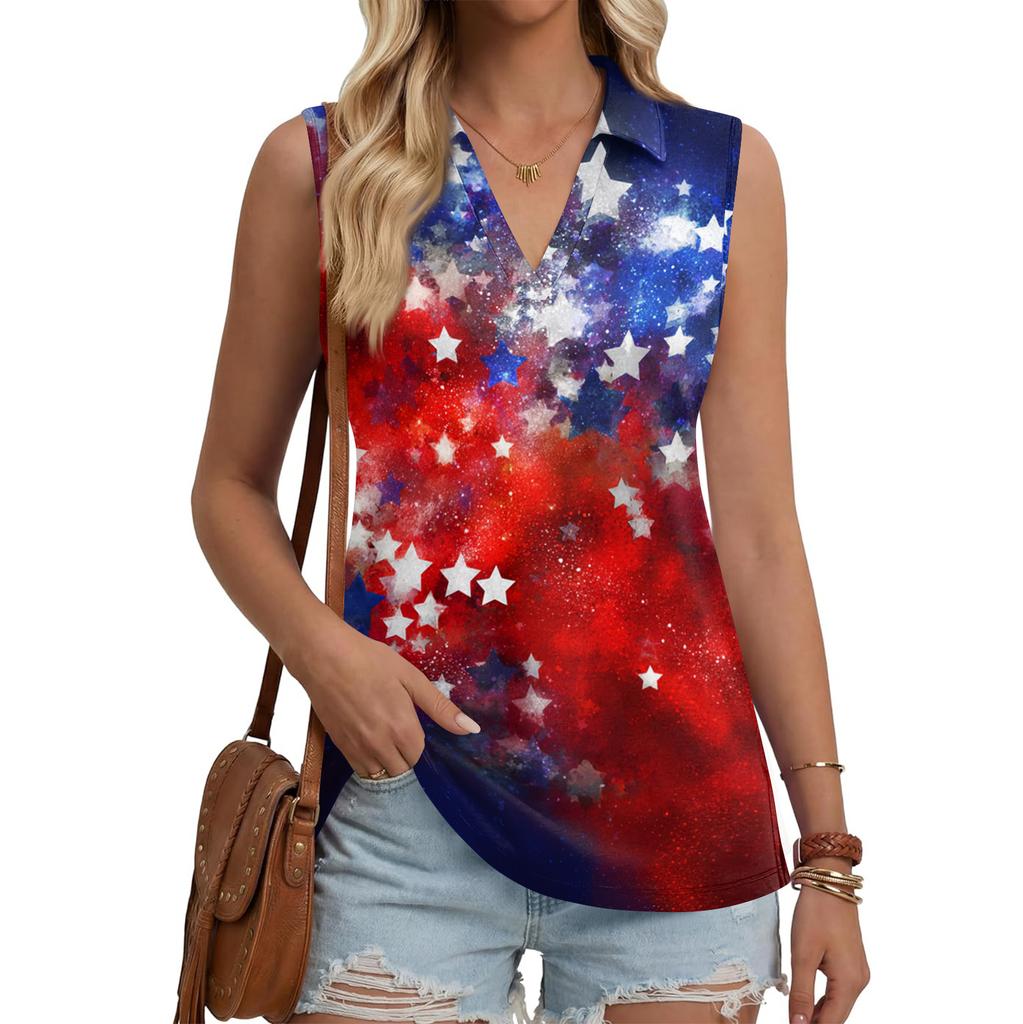 Women's Fashion Casual Button Sleeveless Independence Day Print V Neck Turn Down Collar Tank Top Summer Loose Fit Blouse