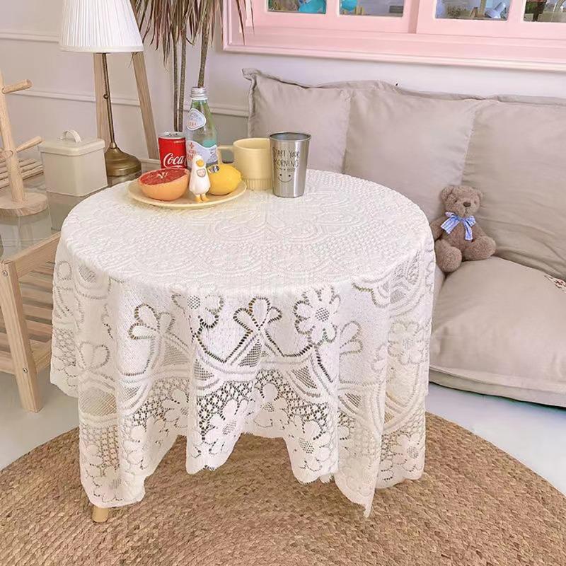 1pc Simple Lace Tablecloth Home Decoration White Chiffon Knitting Cafe Restaurant Background Cloth Decorative Cloth Non-slip French Style Tablecloth