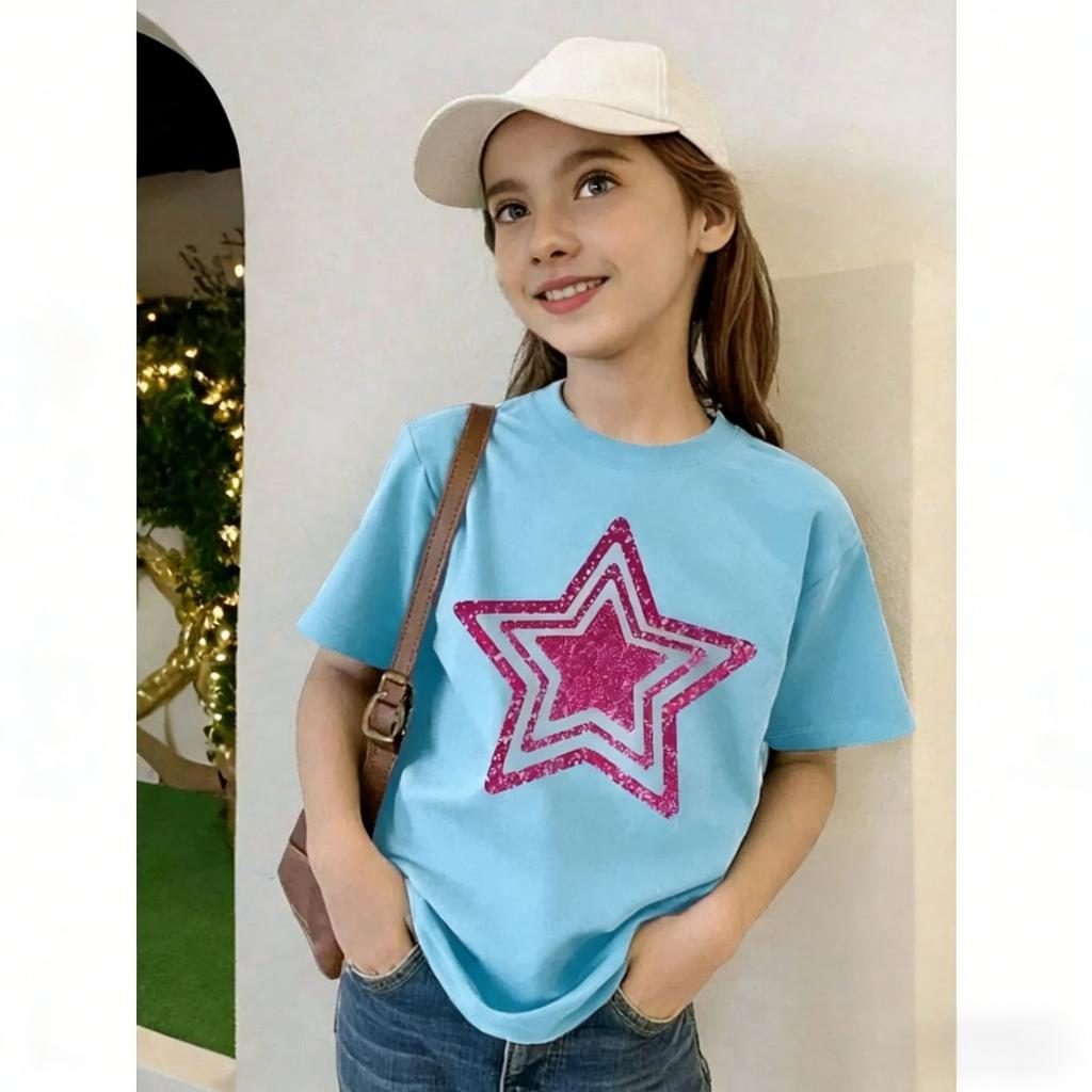 Summer New Children Tee Star Graphic Round Neck T-Shirt Girl Clothes Short Sleeve Outdoor Breathable Top Clothing