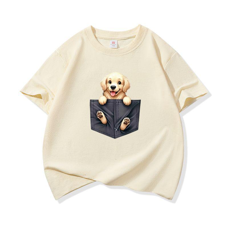 Kids Cotton T Shirt Lovely Pocket Golden Retriever Puppy Dog Print Crew Neck Short Sleeve Tee Breathable Boys Girls Summer Tops