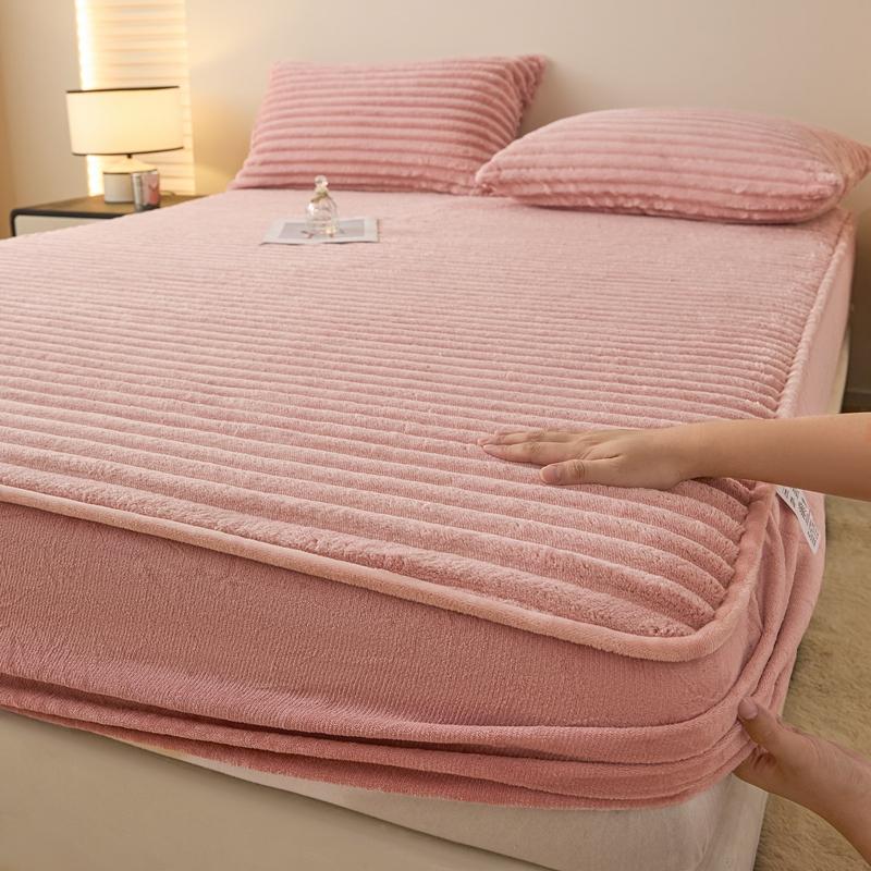 Fluffy Plush Fitted Bed Sheet with Elastic Band Solid Color Mattress Protective Cover Thick Bedspread for Single Double Bedsheet