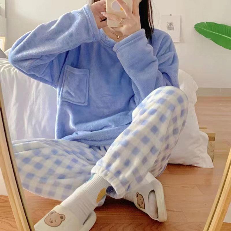 Thickened Warm Flannel Large Size Women Pajamas Set Long-Sleeved Autumn and Winter Warm Cartoon Bear Coral Velvet Sleepwear