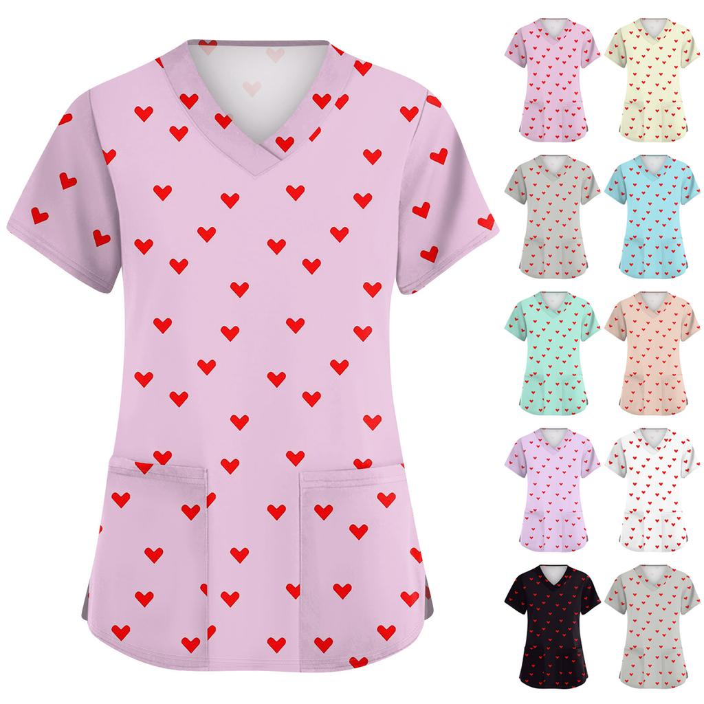 Women's Cute Bow Printed Work Clothes V-neck Double Layer Pockets Basic Short Sleeve Top Pullover