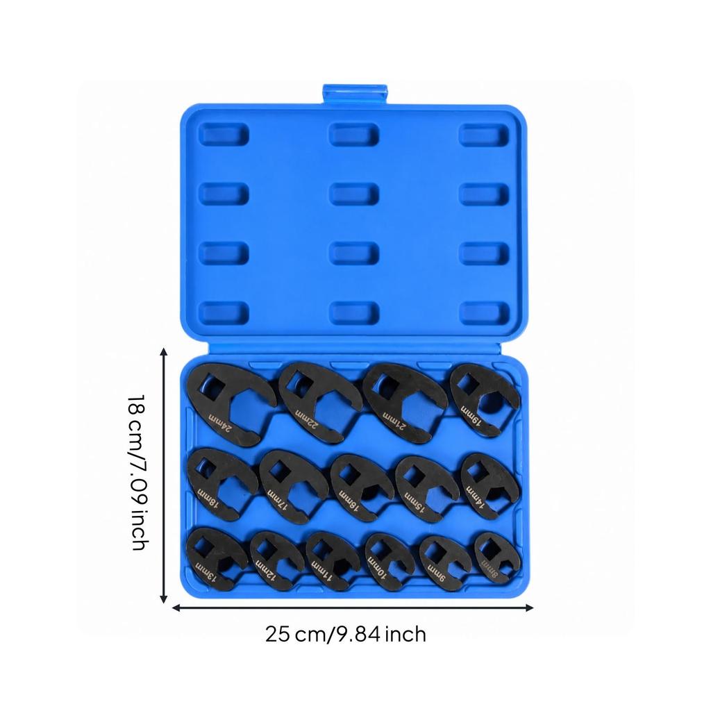 15 Pieces Carbon-Steel Brake-Line Wrench Set Black Finish Hand Tool Size-Stamped