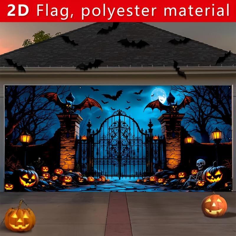2D flat banner 1PC Large Halloween garage Door Decorative Banner - Ghost Cemetery scene with pumpkin lantern design