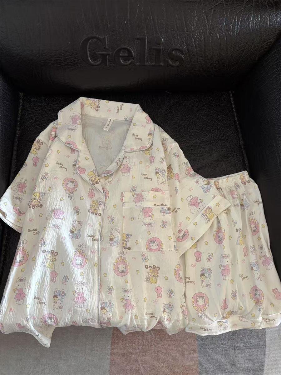 New pocket Hello Kitty pajamas women s summer bumped lace short-sleeved shorts set student loungewear S