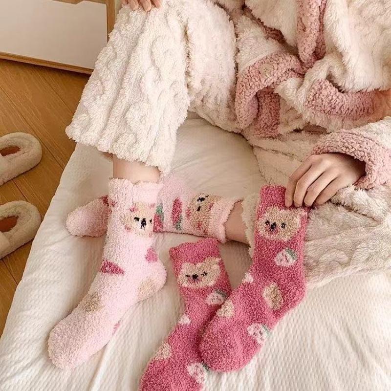 Fashion Coral Fleece Women Socks Warm Home Floor Socks Cartoon Strawberry Bear Socks Plush Mid Tube Sleep Socks