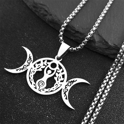 Triple Moon Goddess Luna Necklace Stainless Steel Silver Amulet Hecate Chain Jewelry for Women Men N9736S02