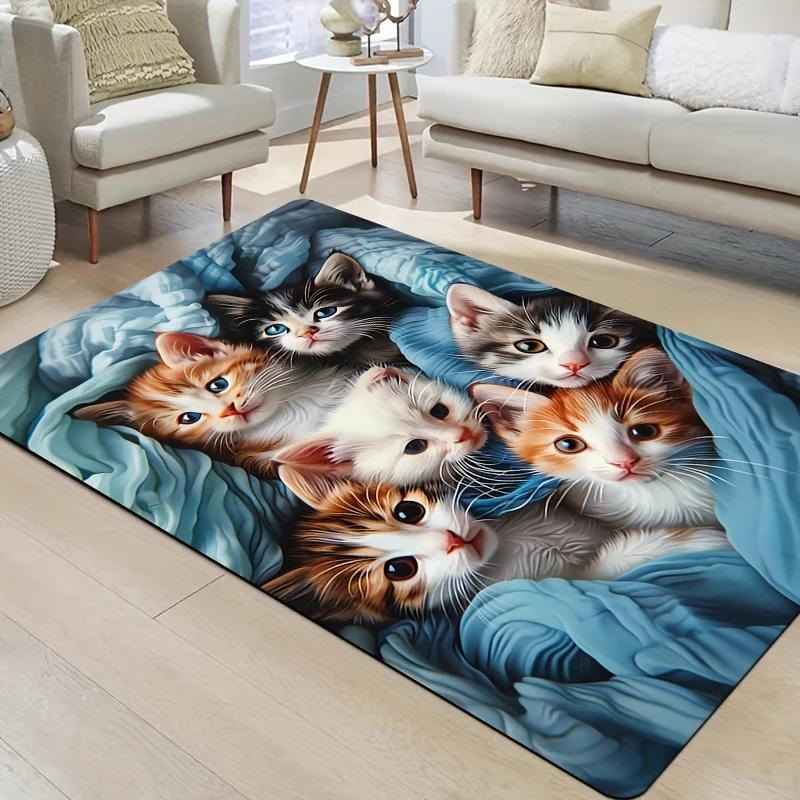 Adorable Kitten Design Area Mat , Soft Polyester, Machine Washable - Perfect for Kitchen, Living Room, Bedroom Decorative