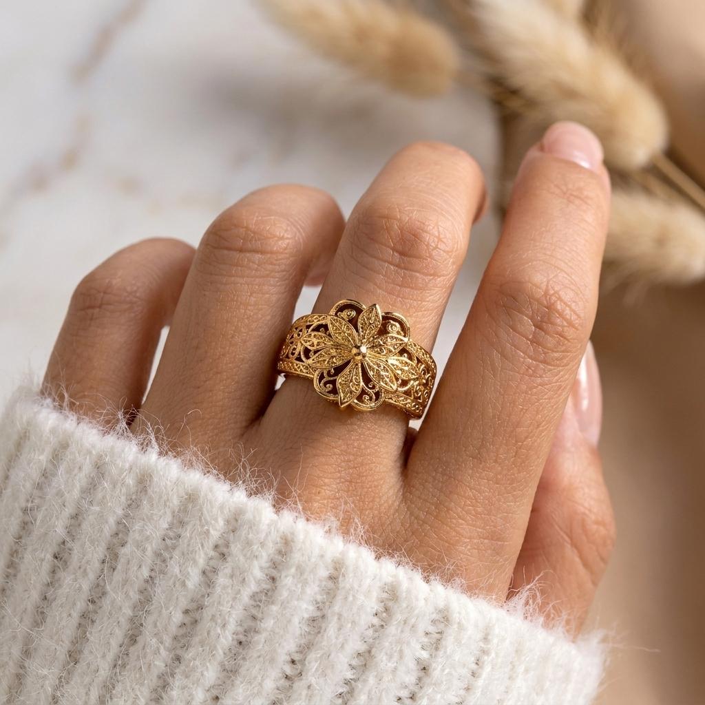 Vintage Elegant Hollow Carved Floral Ring for Women Bohemian Gold Plated Flower Finger Ring Party Banquet Luxury Jewelry Gift