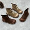 Johnature Handmade Retro Cowhide Short Boots Round Toe Elastic Strap Casual Genuine Leather Women's Shoes