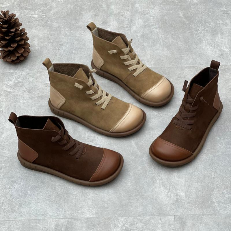 Johnature bottes courtes rétro en cuir de vache faites à la main, bout rond, sangle élastique, chaussures décontractées en cuir véritable pour femmes