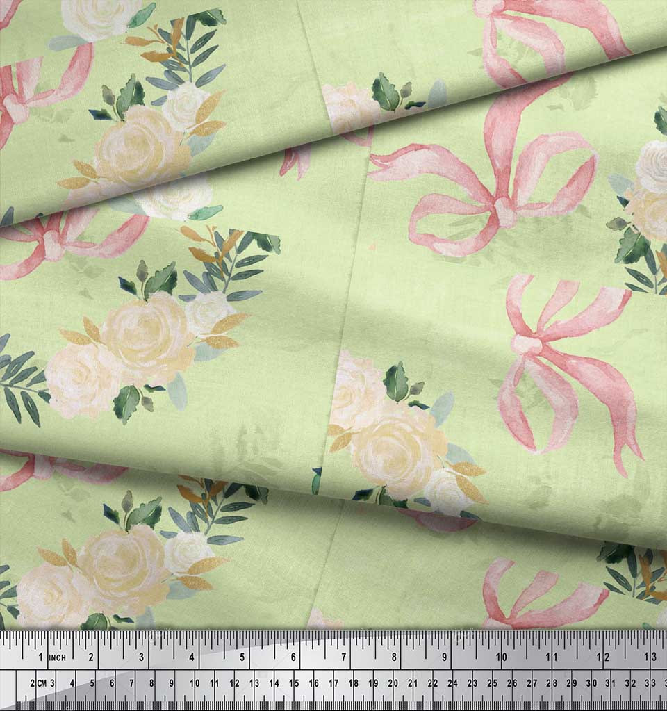 Soimoi Zelená poly krepová látková stuha & Bílý růžový věnec Květinové látkové potisky Na metr 42 palců