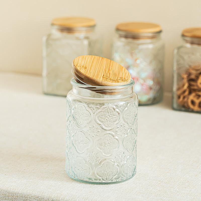 Delicate Relief Glass Storage Jar Household Moisture-Proof Sealed Jar Coffee Tea Storage Transparent Kitchen Storage Jar