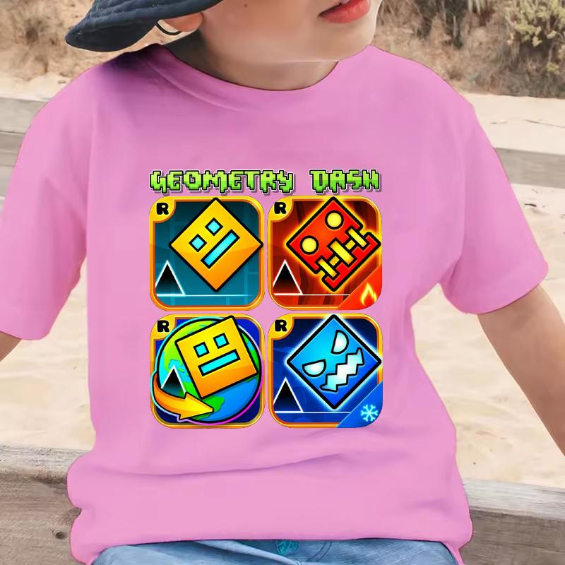 Geometry Dash Cartoon Print Kids Tshirt Childrens Clothing Summer Casual Crew Neck Short Sleeve Tee Girls Clothes Boys Tops